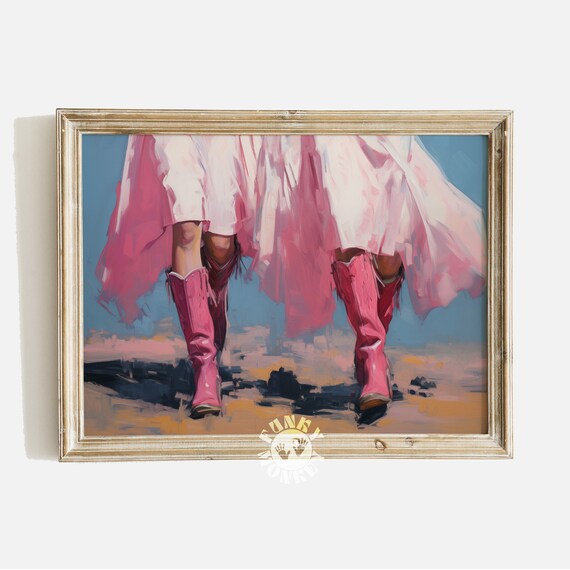 Cowgirl in Pink Boots and Twirl Skirt Sunset Western Art Poster