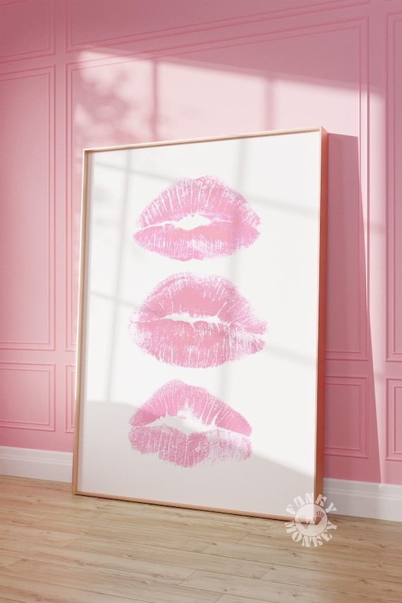 Kiss Lips Pink Kisses Art Print, Girly Decor