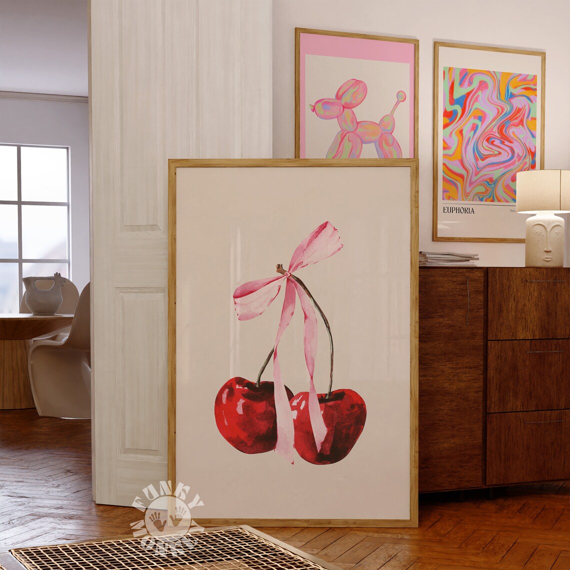Cherry Art Print, Coquette Pink Bow Decor - Image 3