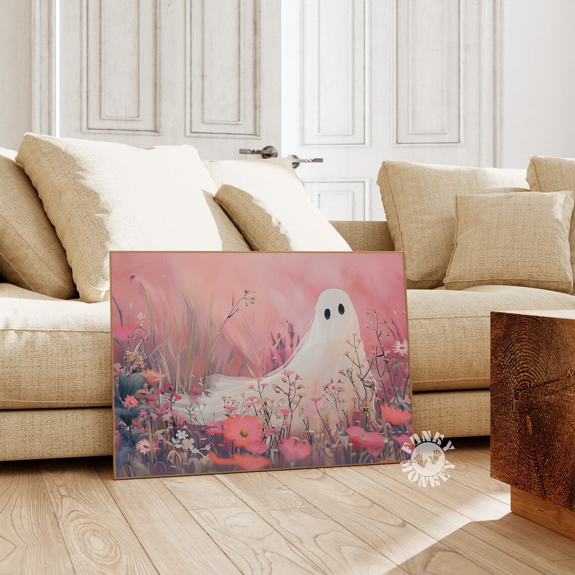 Pink Halloween Ghost Art Print, Cute Floral Style