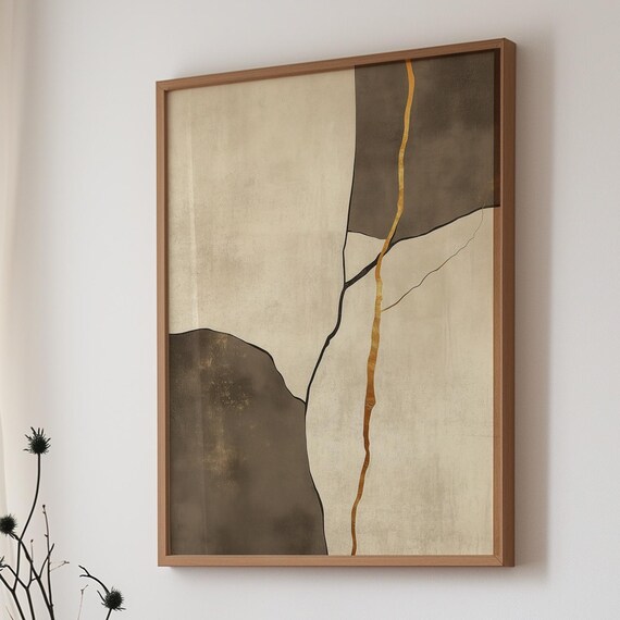 Golden Kintsugi Cracks, Japandi Zen Abstract Art Print