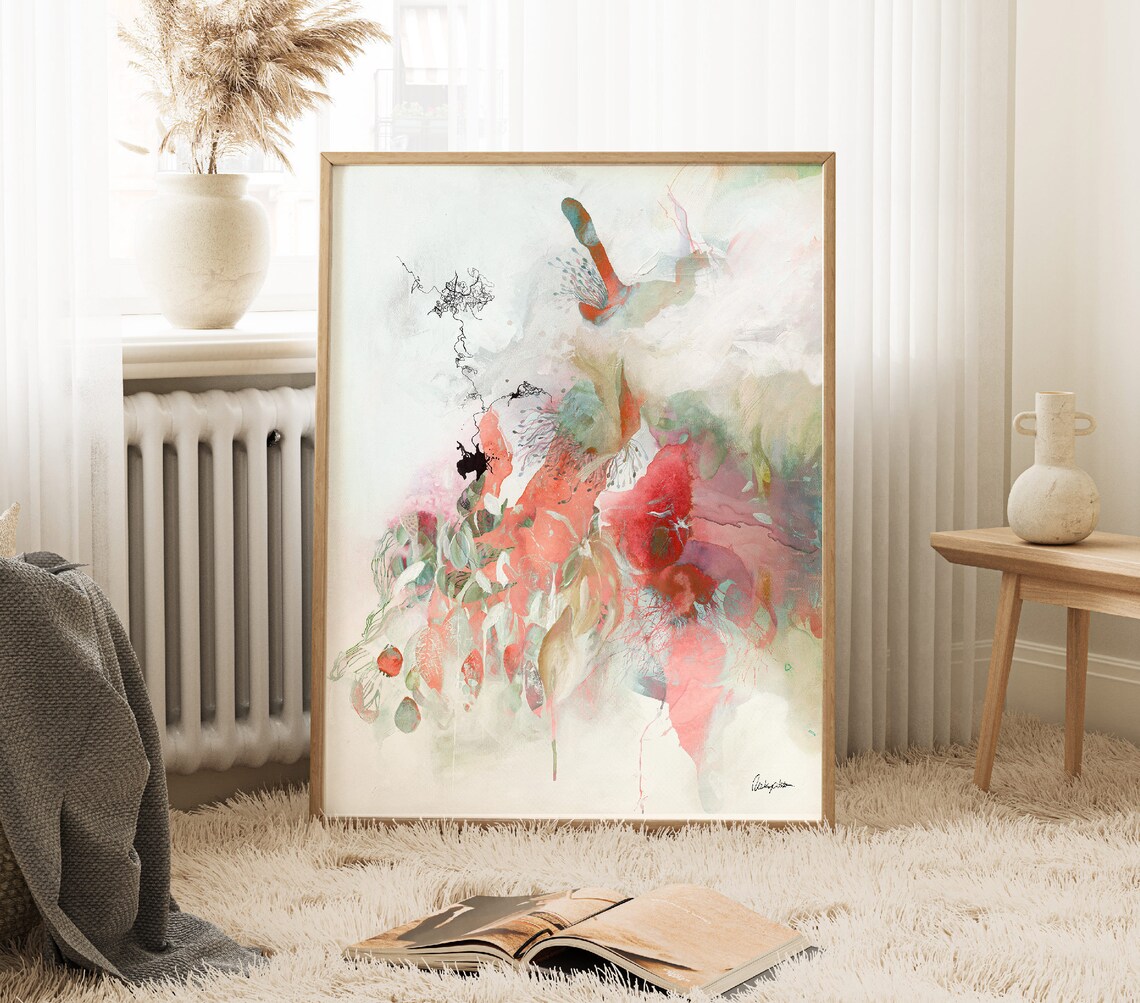 Light Pink Red Abstract Watercolor Art Print, Boho Japandi - Image 2