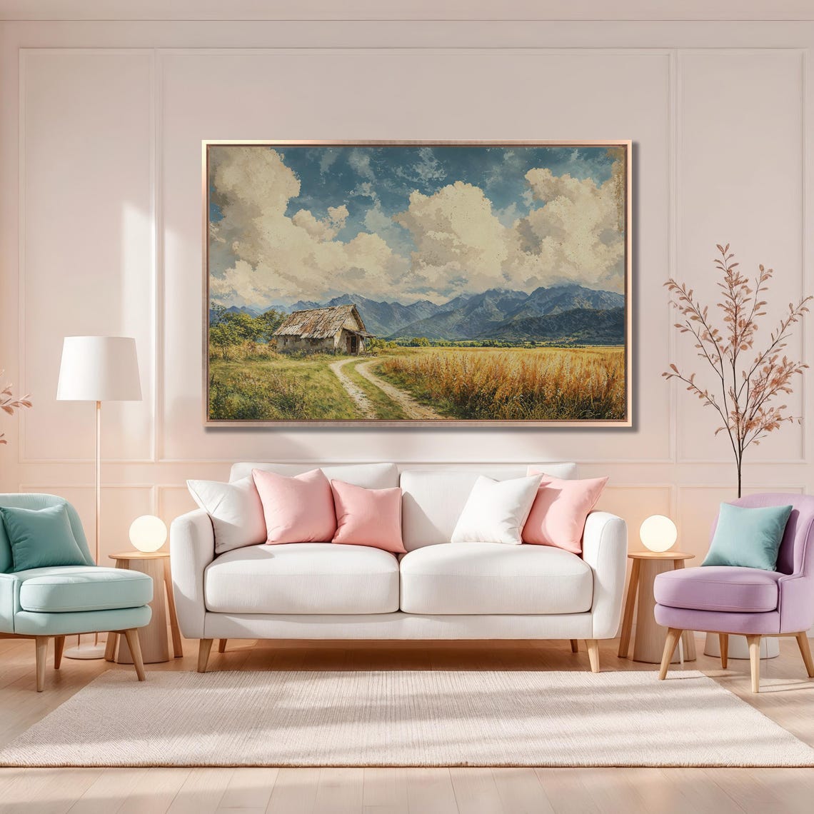 Mountain Landscape Framed Print Rustic Cabin By Road Wall Art Cloudy Blue Sky And Meadow Scene Decor For Home Ready To Hang - Image 4