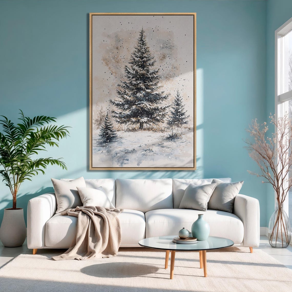 Snow Laden Pine Tree Watercolor Scene in Falling Snow Art Poster - Image 3
