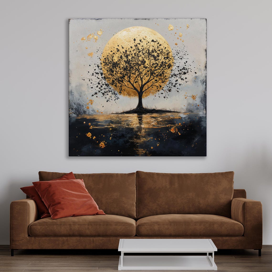 Lone Tree Silhouette Against Golden Moon Over Dark Water Poster - Image 2