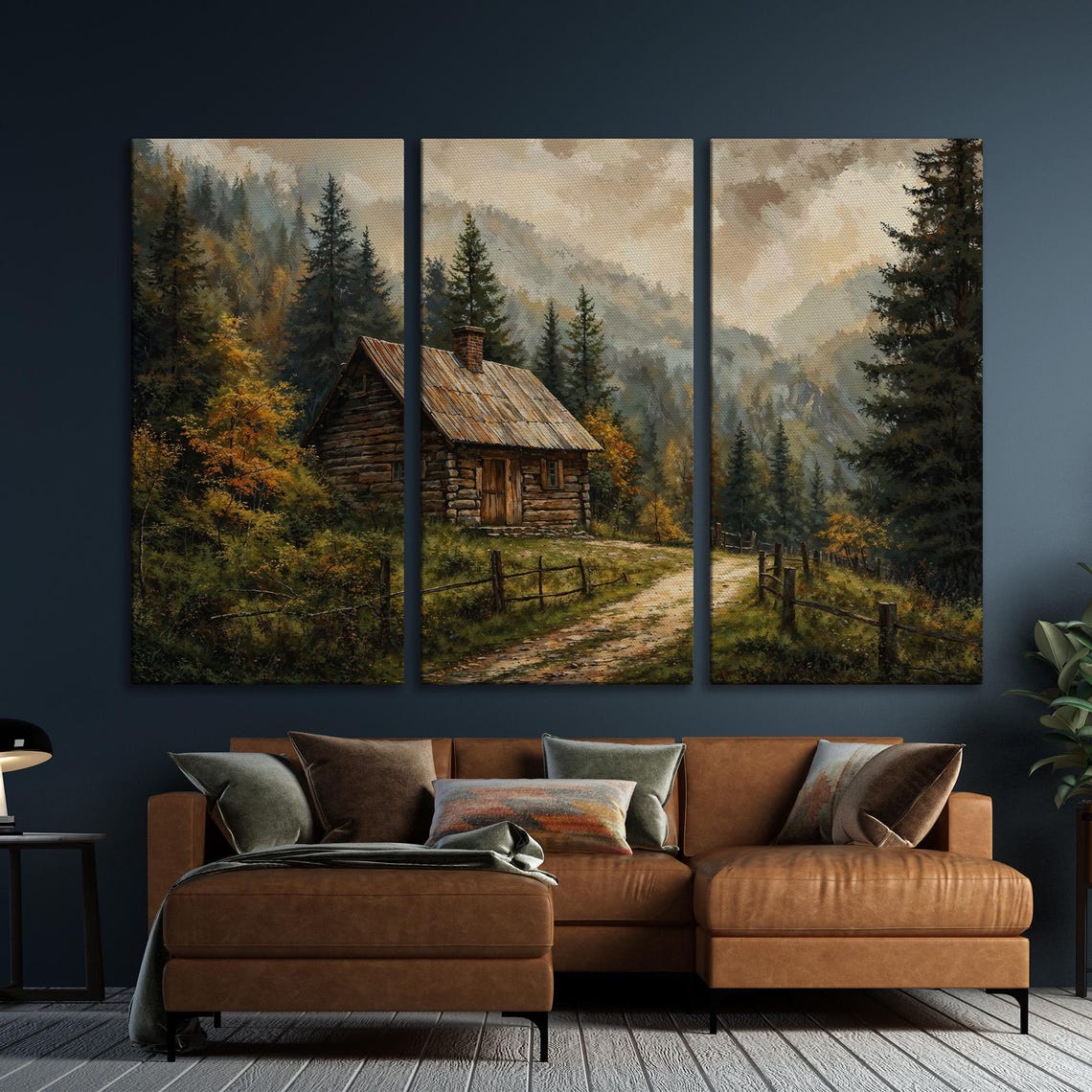 Rustic Log Cabin in Misty Pine Forest Mountain Painting Poster - Image 6