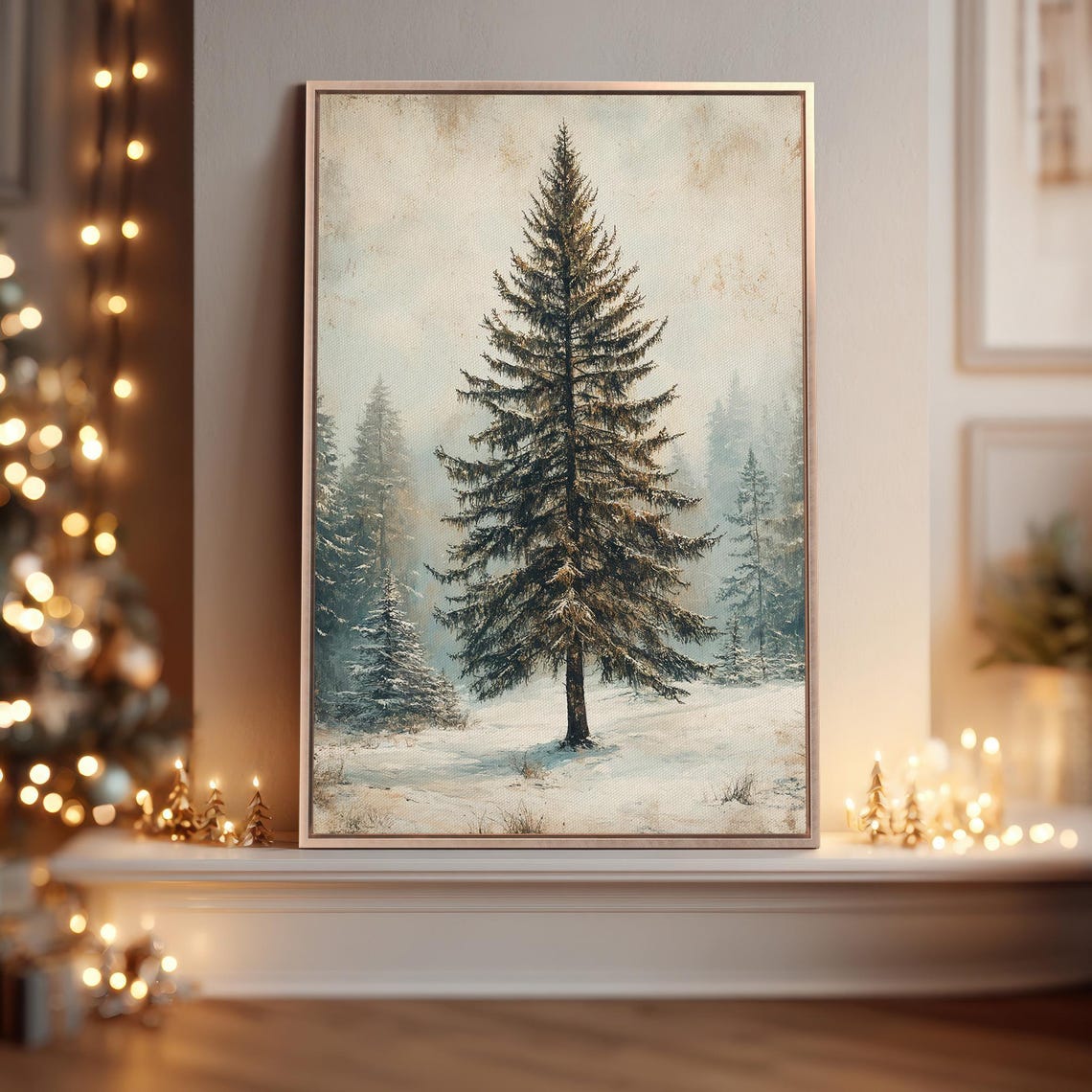 Snowy Evergreen Forest Poster With Tall Pine Tree In Winter Morning
