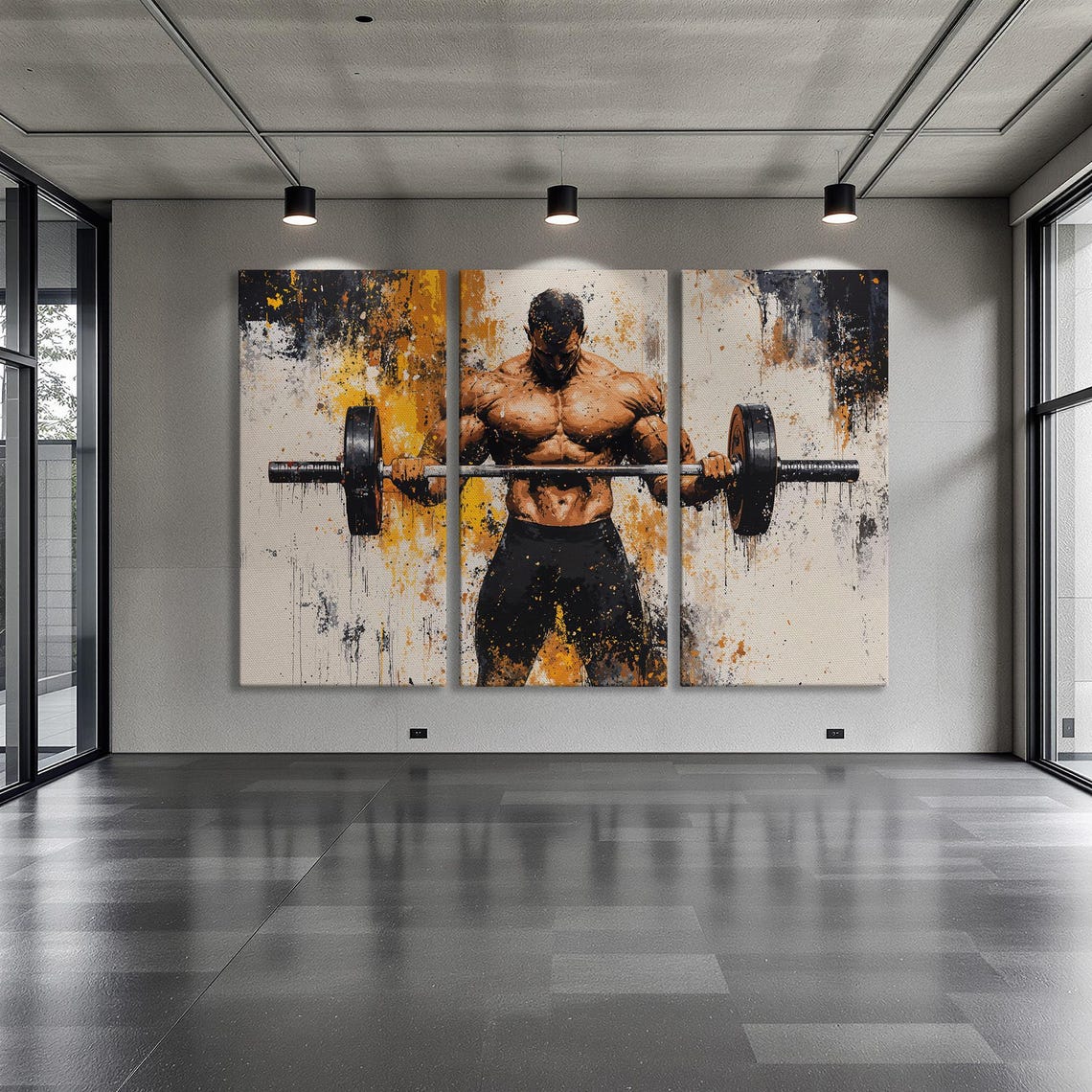Muscular Man Curling Barbell In Black And Gold Splash Art Poster - Image 6
