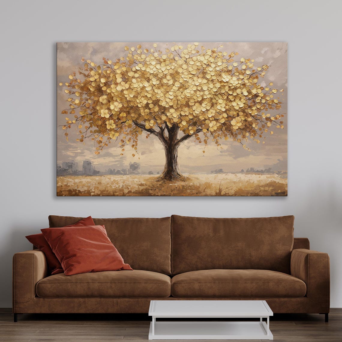 Golden Leaf Tree Standing Alone In A Soft Mist Covered Field Poster - Image 4