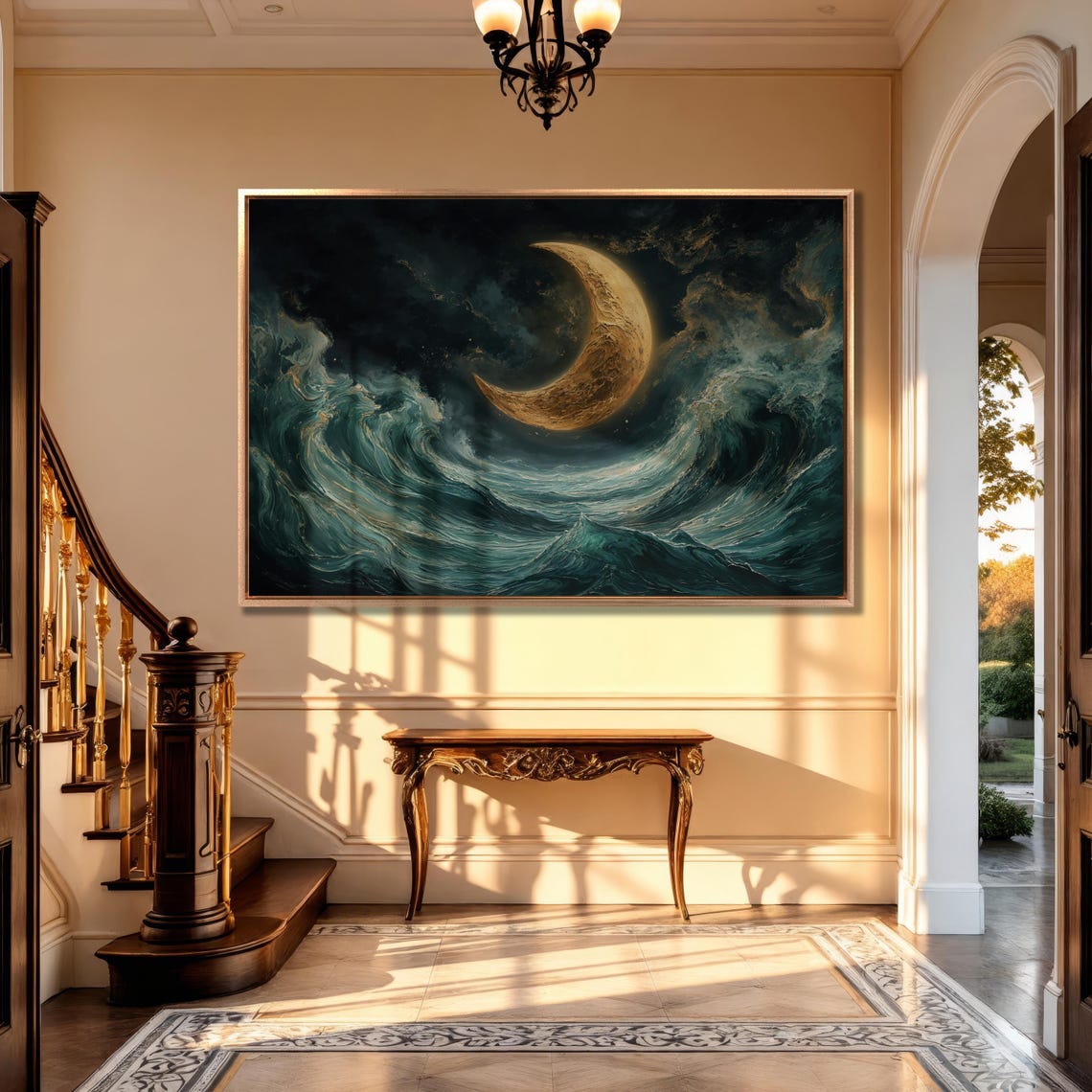 Golden Crescent Moon Over Rolling Ocean Waves At Night Poster - Image 3