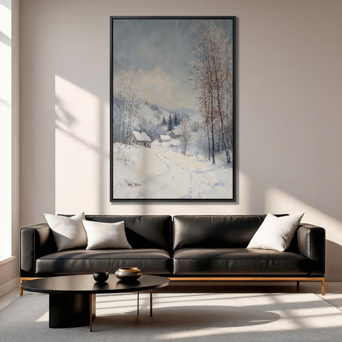Snowy Country Road Past Wooden Cabins in Winter Woods Poster - Image 6