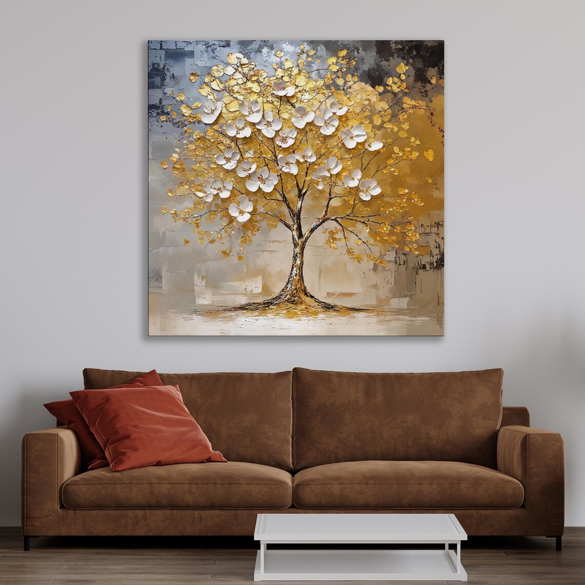 White Blossoms and Gold Leaves Flowering Tree Floral Wall Art - Image 2