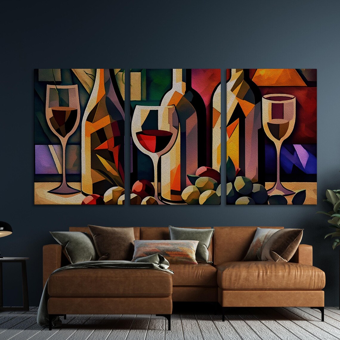 Cubist Wine Bottles and Glasses Geometric Still Life Oil Art Poster - Image 5
