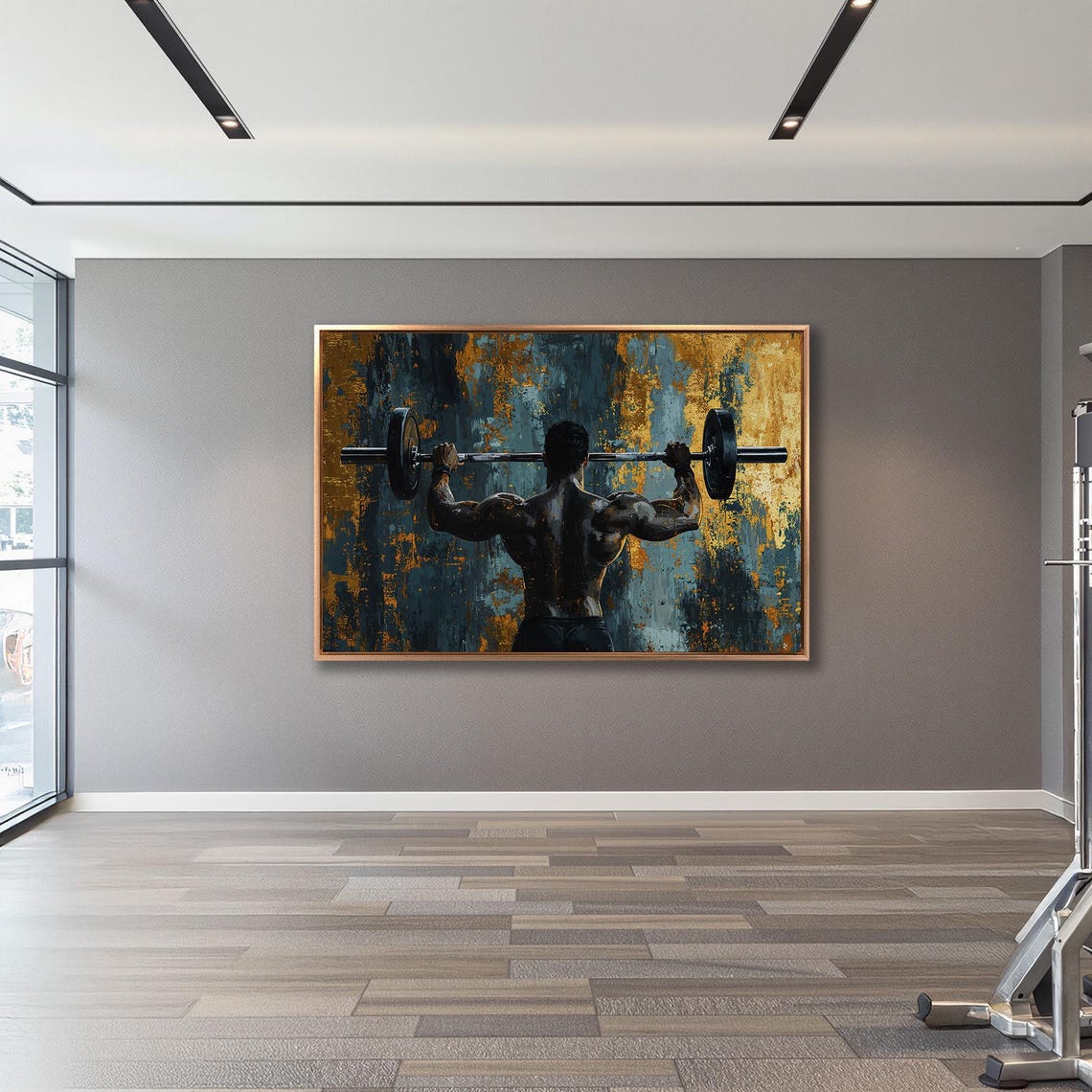 Bodybuilder Back View Lifting Barbell Dark And Gold Texture Poster - Image 3