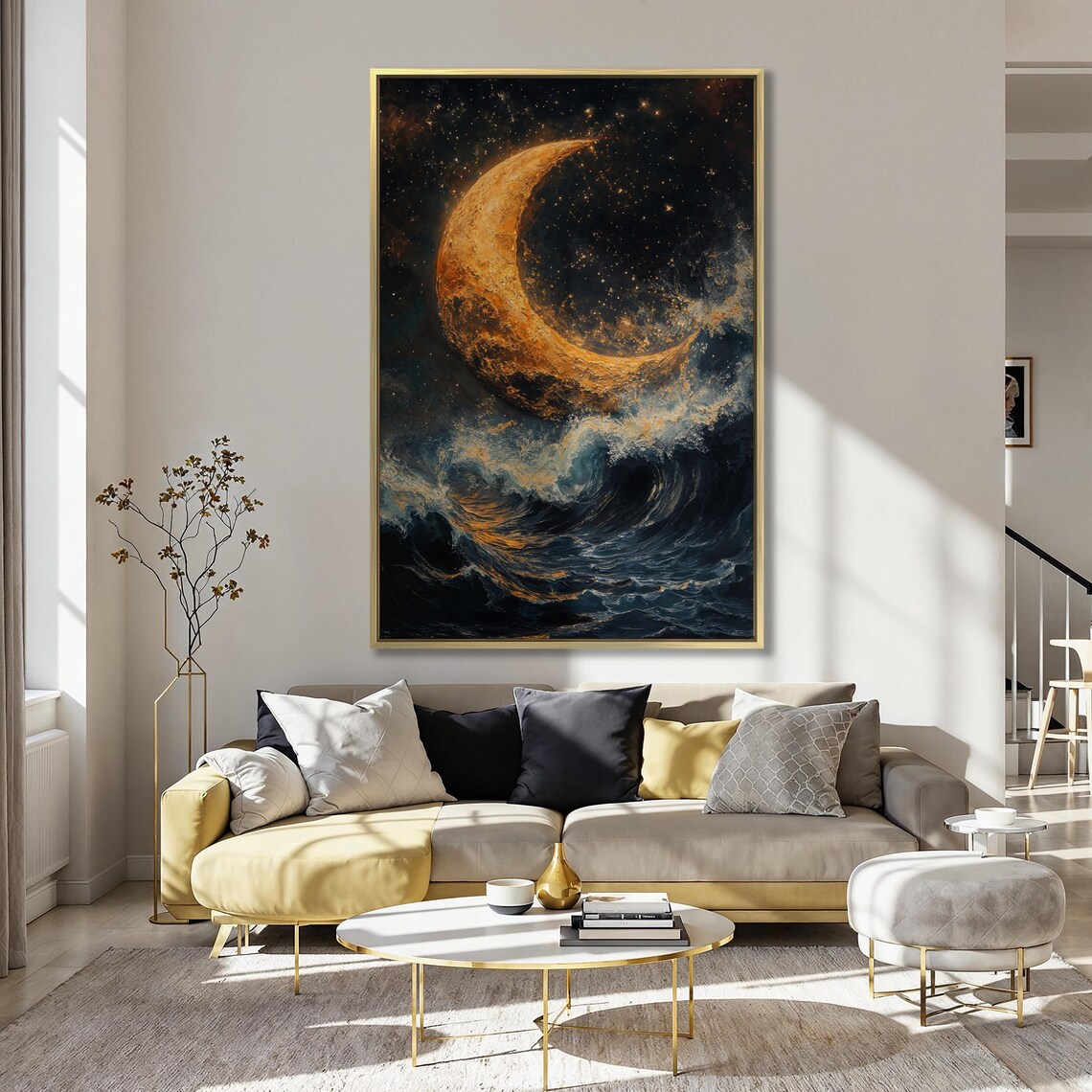Golden Crescent Moon Over Dark Night Ocean Waves Seascape Poster - Image 5