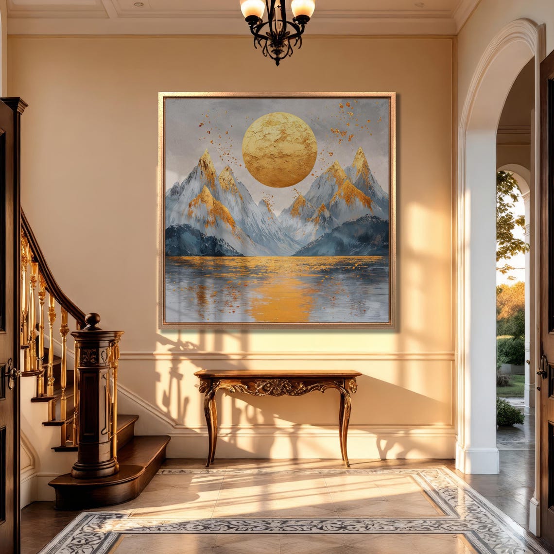 Golden Moon Over Blue Mountains and Still Water Reflection Poster - Image 4
