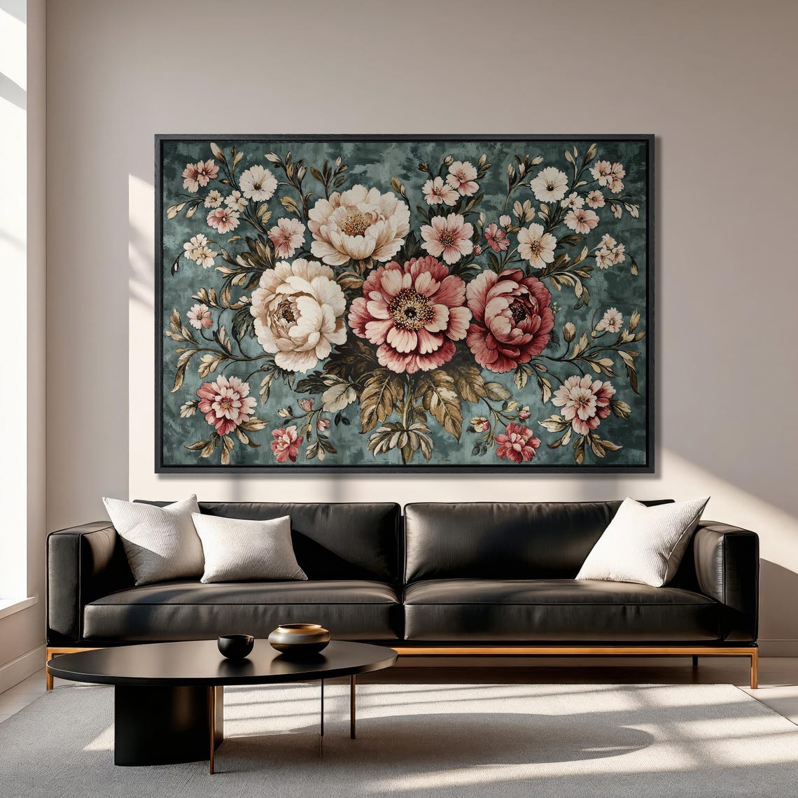 Pink Peony Bouquet on Teal Ground Vintage Floral Painting Poster - Image 3