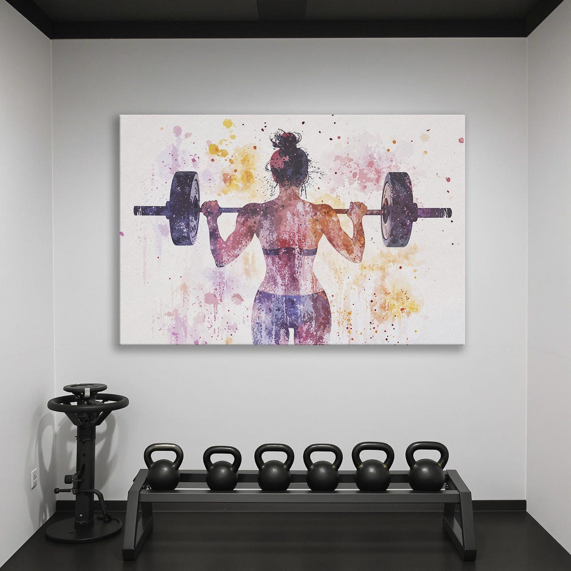 Woman Barbell Squat From Behind Watercolor Splash Style Poster - Image 2