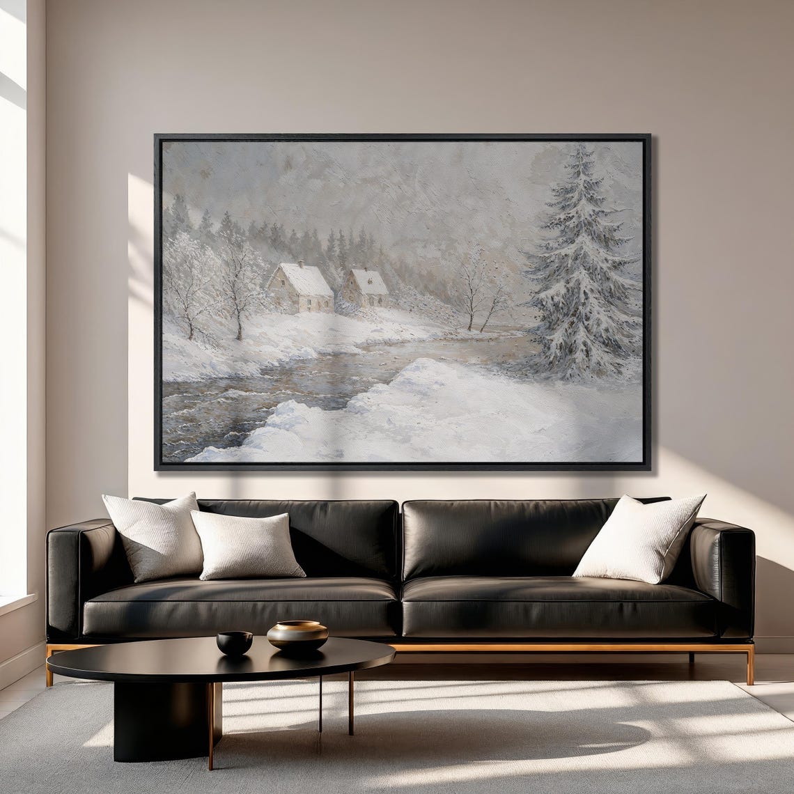 Snowy Cabins by a Frozen River in a Whiteout Winter Scene Poster - Image 3