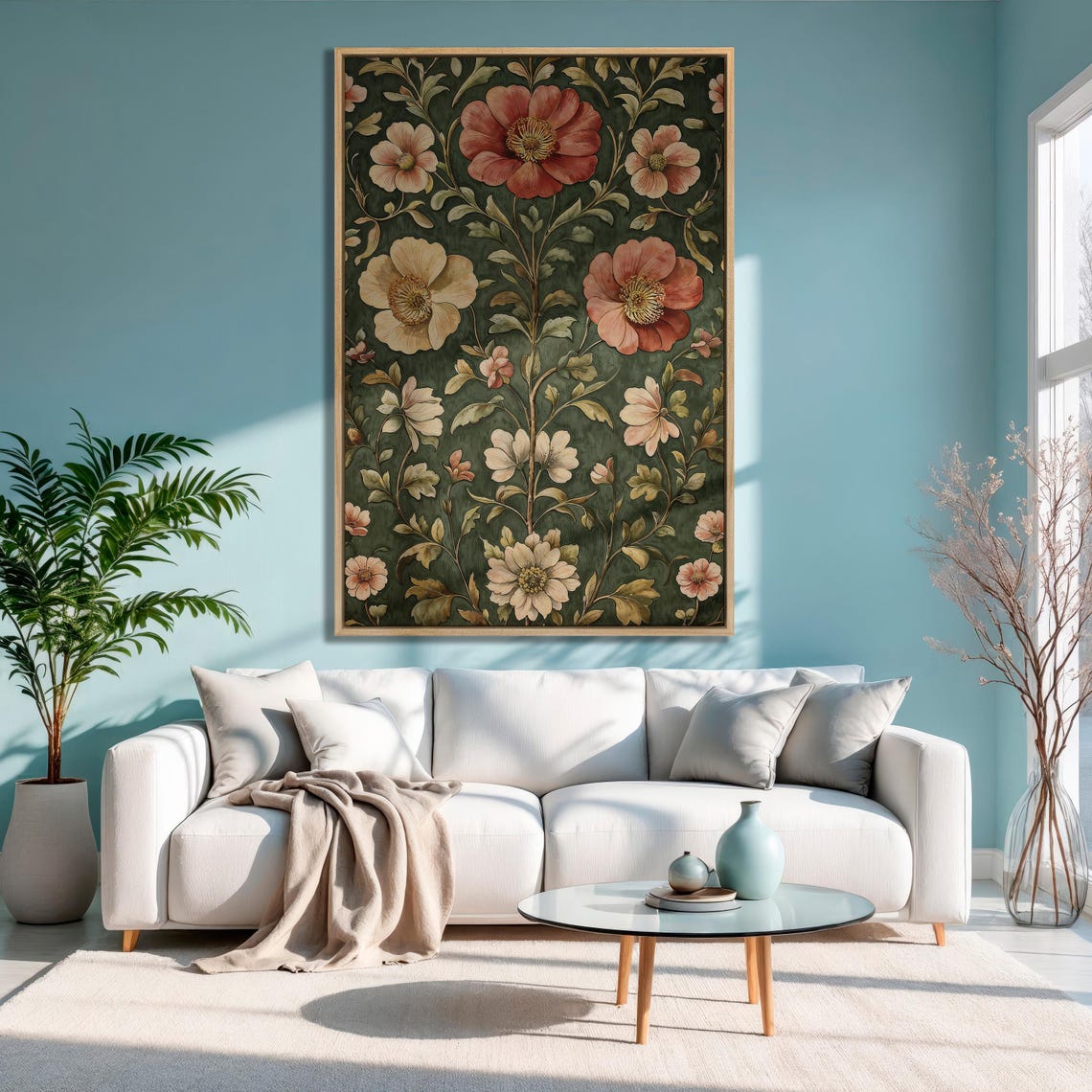 Coral Anemone Flowers on Deep Forest Green Vintage Art Print - Image 3
