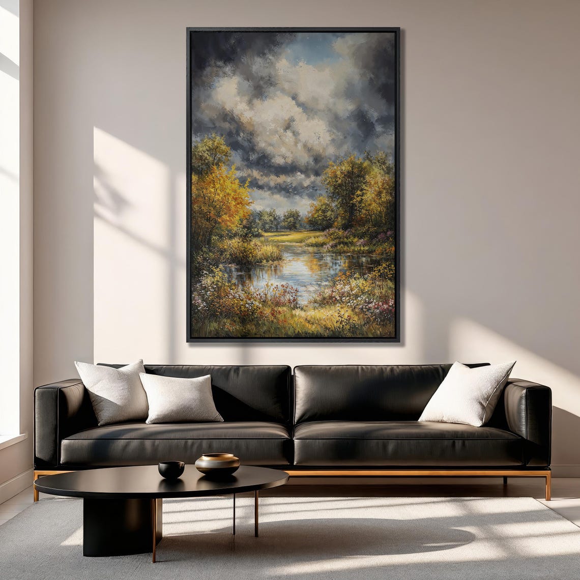 Golden Autumn Forest Pond With Wildflowers Under Stormy Sky Poster - Image 6