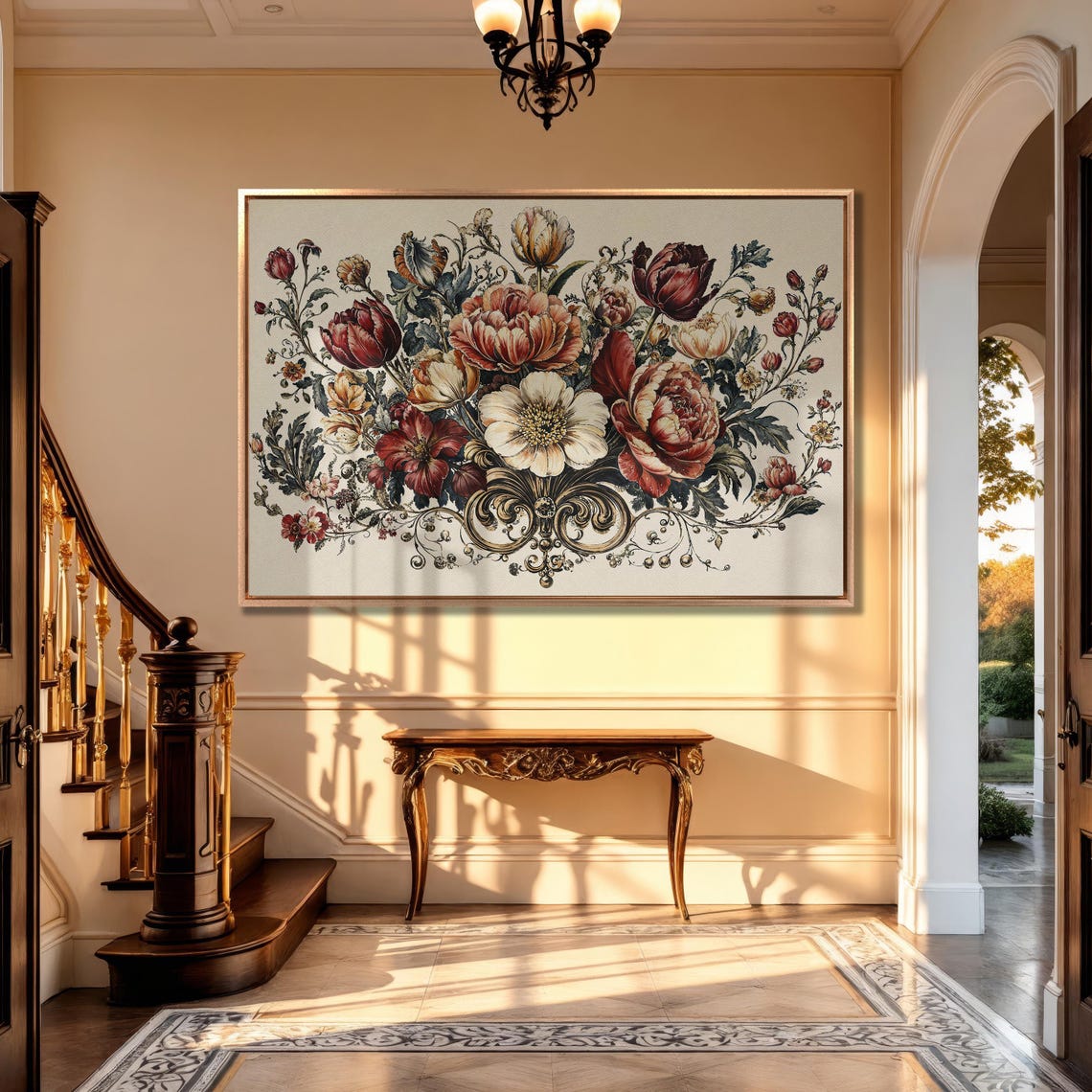 Baroque Red and Cream Peony Bouquet Vintage Floral Art Poster - Image 5