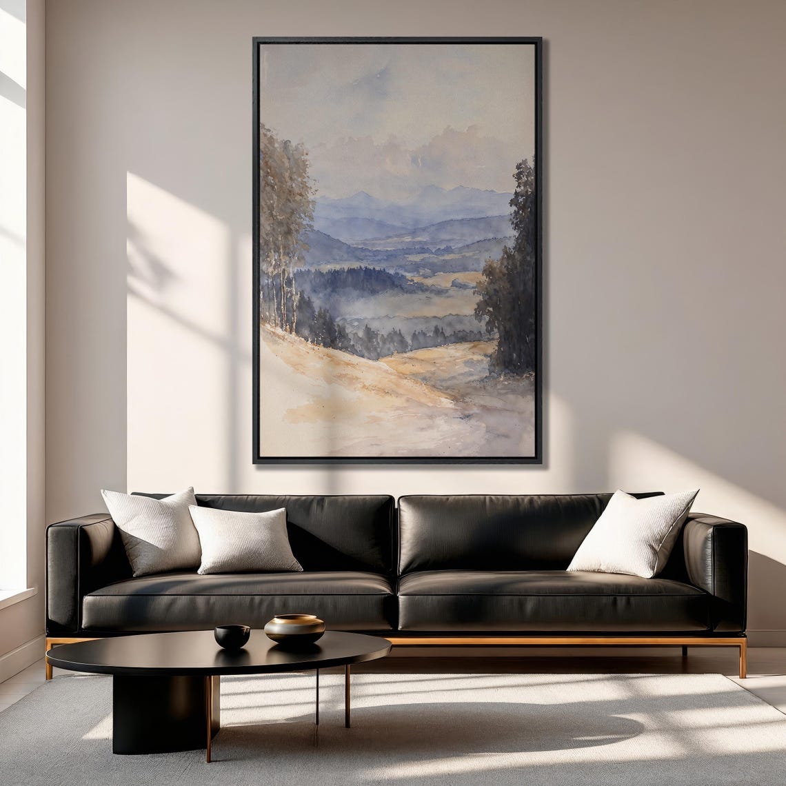 Golden Sunlit Hillside View Over Misty Blue Mountain Ranges Poster - Image 6