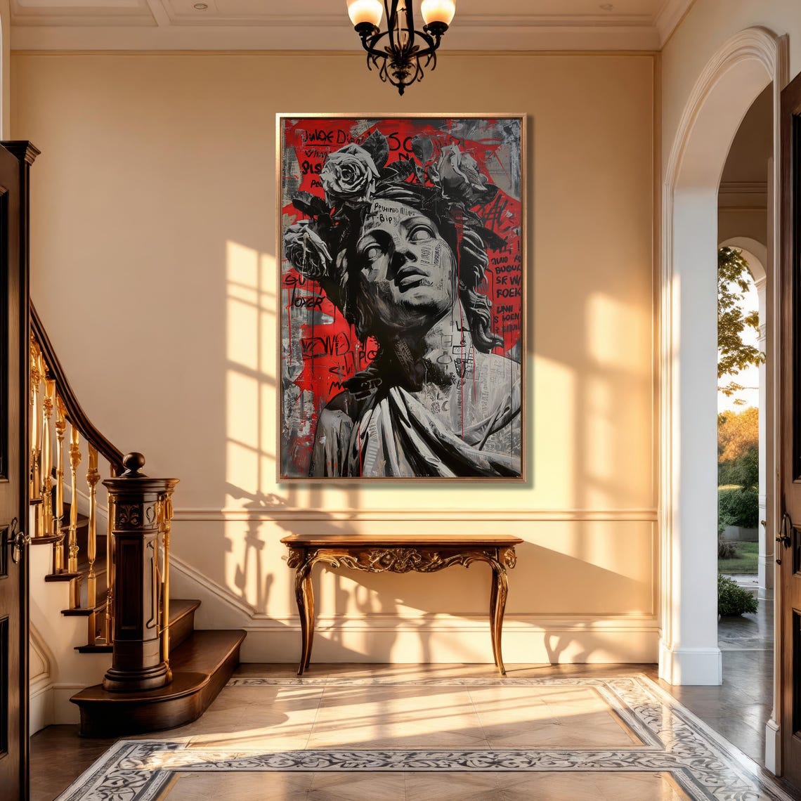 Classical Statue Bust With Roses on a Red Graffiti Art Poster - Image 4