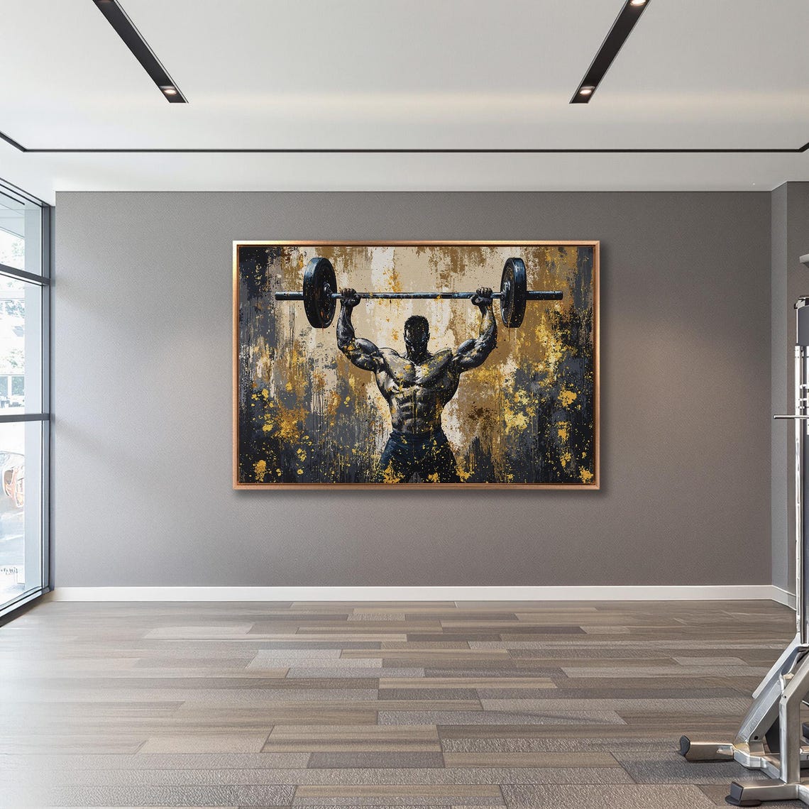 Bodybuilder Overhead Press in Gold and Charcoal Paint Style Poster - Image 3