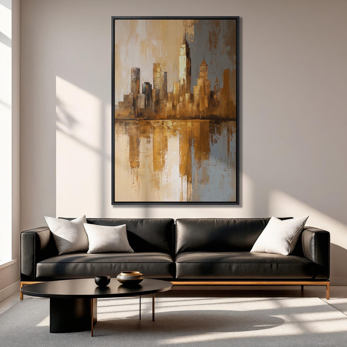 Abstract Golden City Skyline With Water Reflection Luxury Wall Art - Image 4
