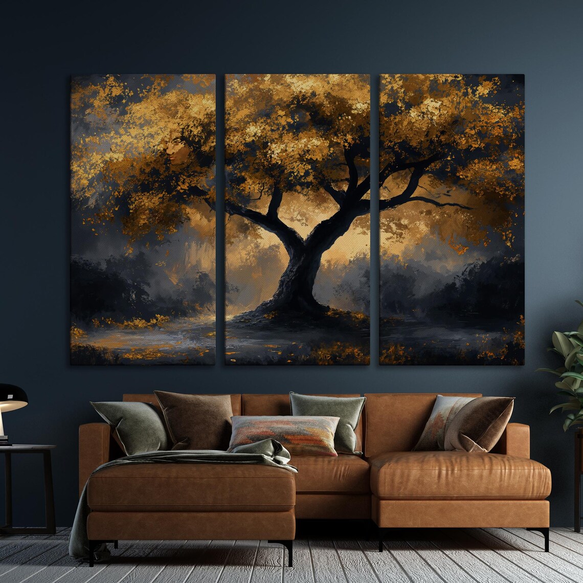 Mystical Tree With Golden Leaves Landscape Art Print - Image 5