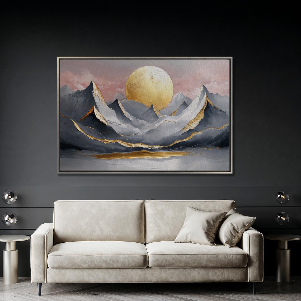 Giant Golden Moon Over Misty Gray Mountain Peaks Abstract Poster - Image 4