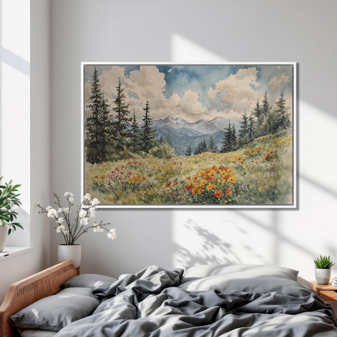 Mountain Wildflower Meadow Watercolor with Pine Trees Poster - Image 2