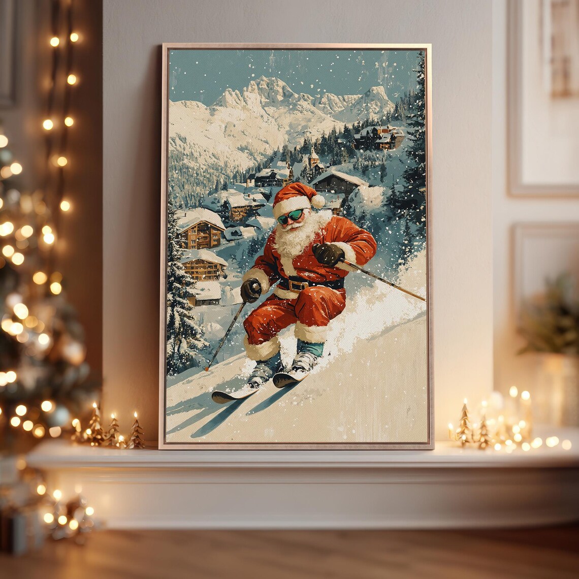 Stylish Santa Claus On Skis Canvas Wall Art Mountain Landscape Painting Print Christmas Sports Poster Snowy Winter Decor Gift Ready To Hang