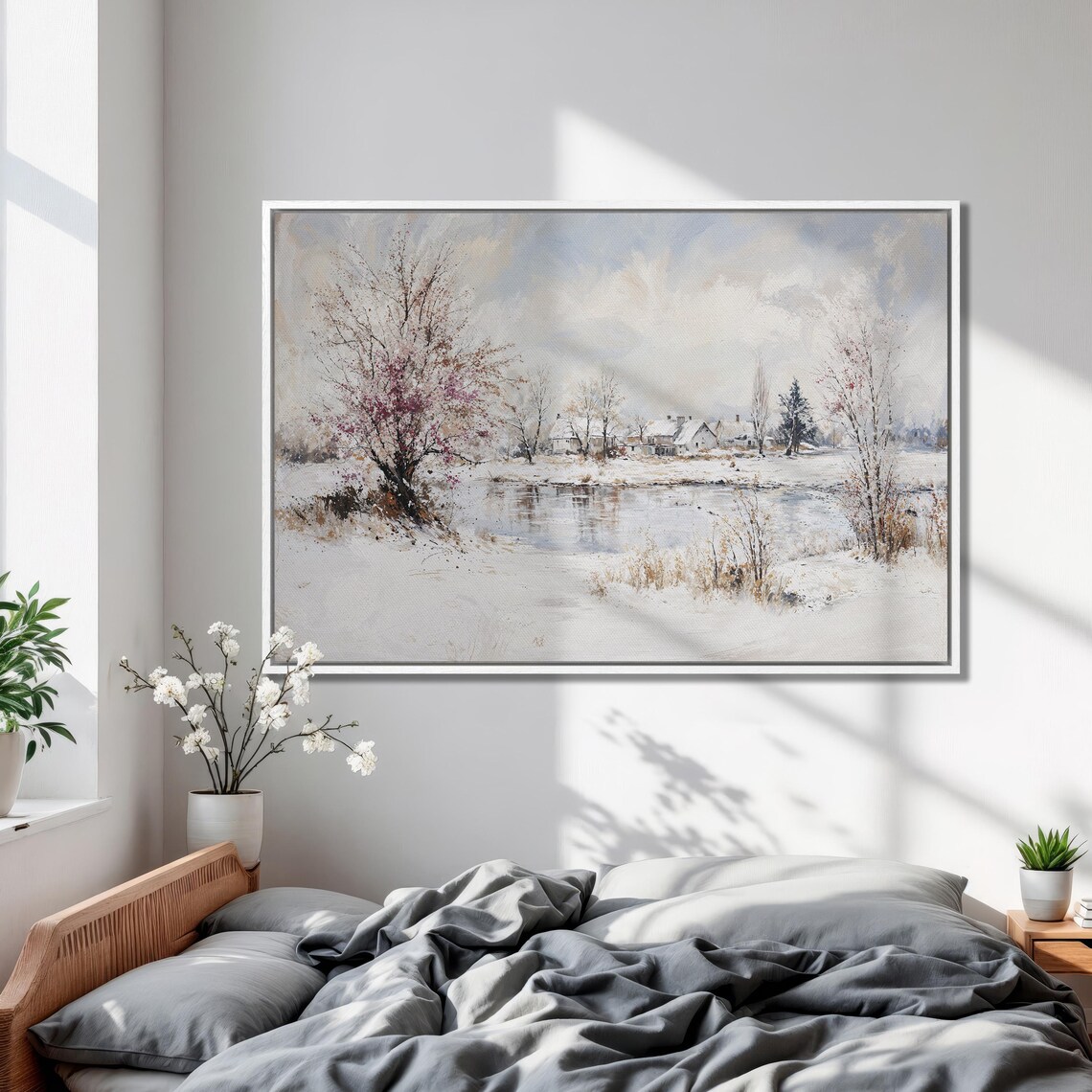 Winter Village Beside A Frozen Lake With Snowy Trees Landscape Poster - Image 2