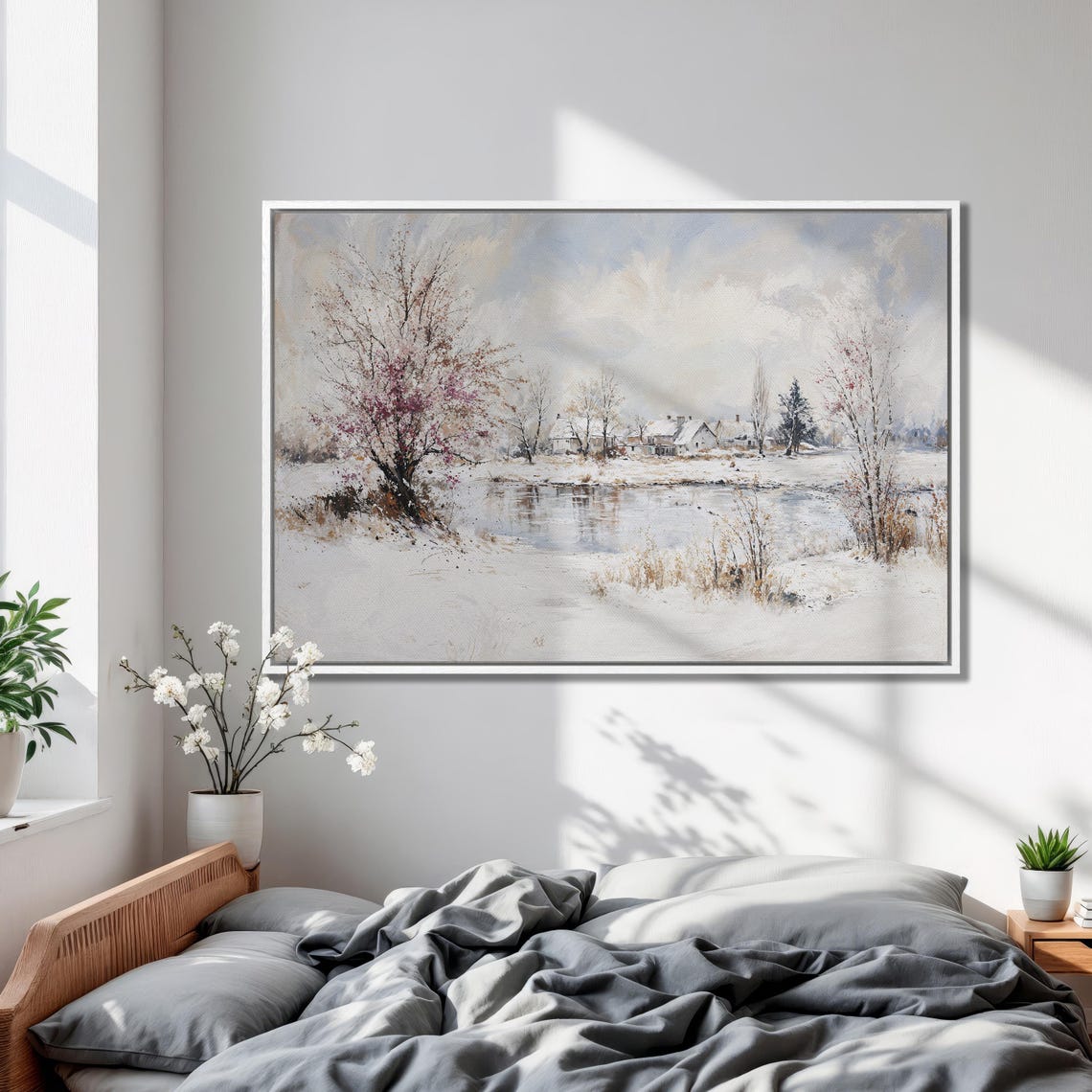 Winter Village By The Lake Framed Print Snowy Landscape With Cottages Scene Decor Winter Wonderland Wall Art Ready To Hang - Image 2