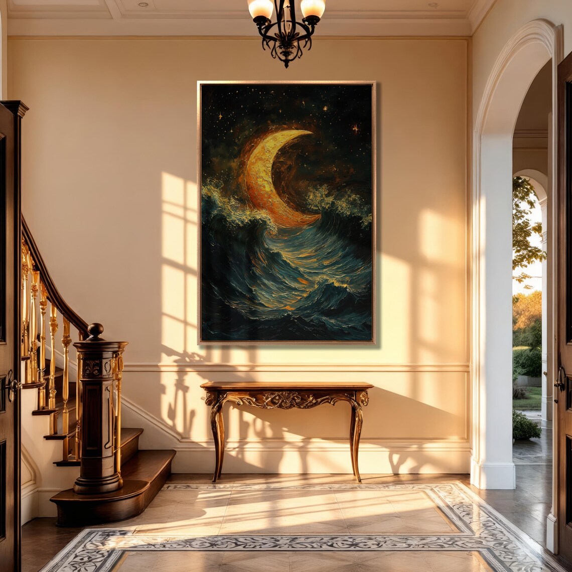 Fiery Crescent Moon Over Dark Swirling Ocean Waves Night Poster - Image 5