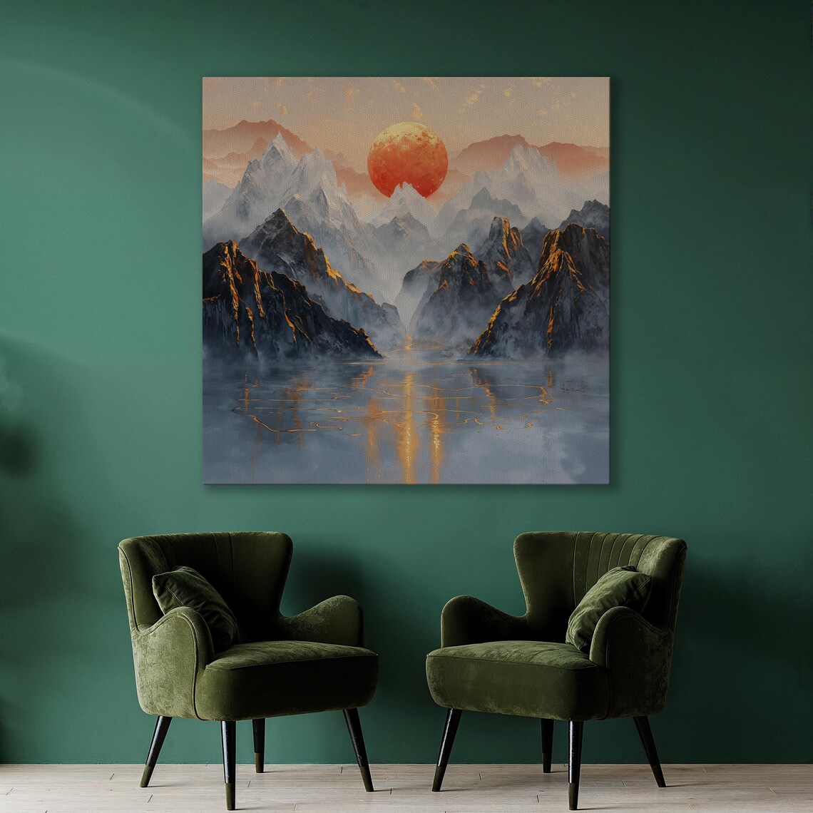 Red Sun Setting Over Misty Mountains and a Lake Landscape Poster - Image 3