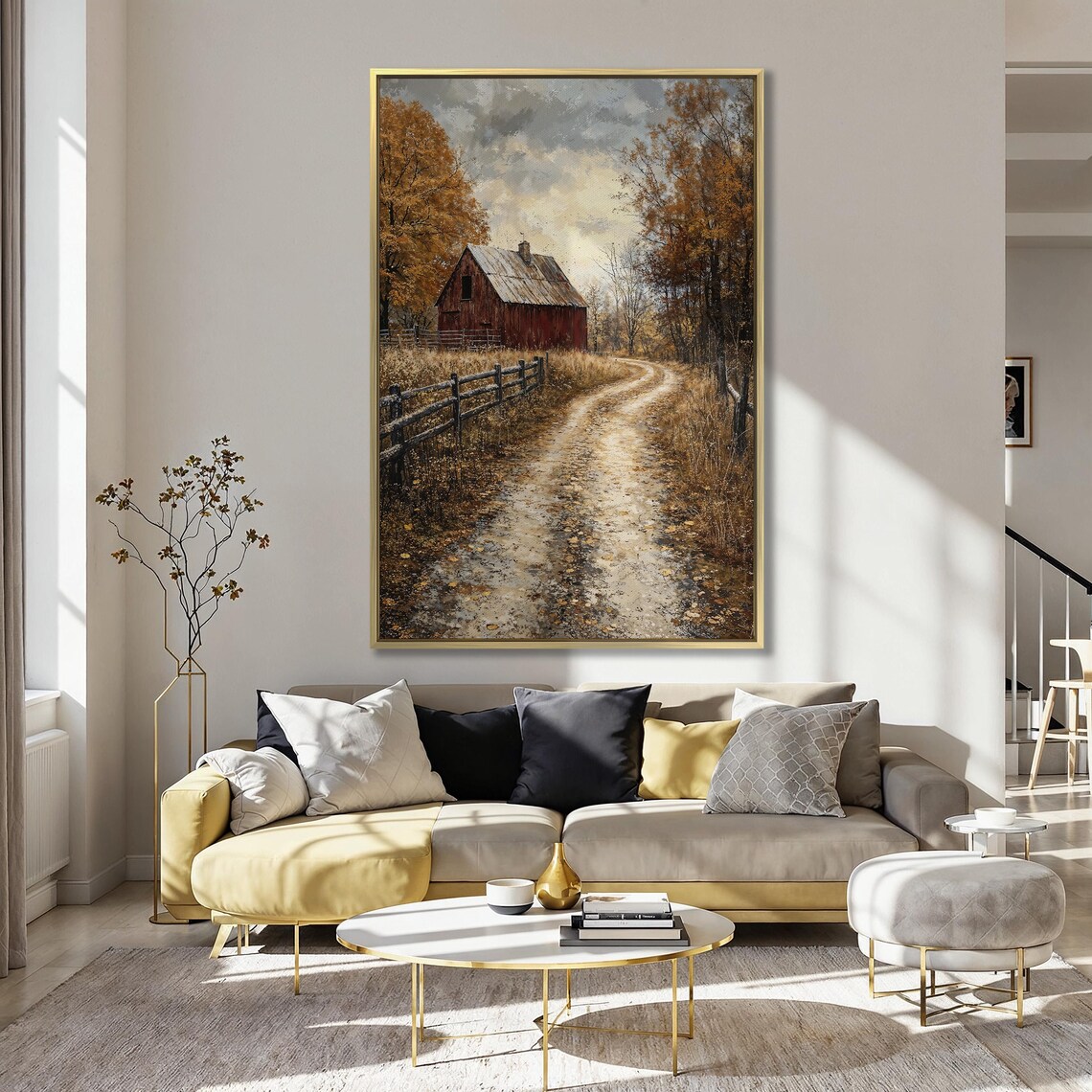 Red Barn at the End of Dirt Road in Golden Autumn Fields Poster - Image 5