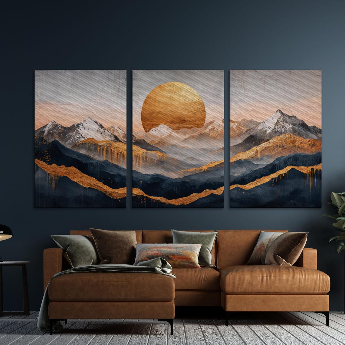Golden Sun And Mountain Range Wall Art Abstract Landscape Painting Print Living Room Decor Surreal Mountains Poster Ready To Hang - Image 5