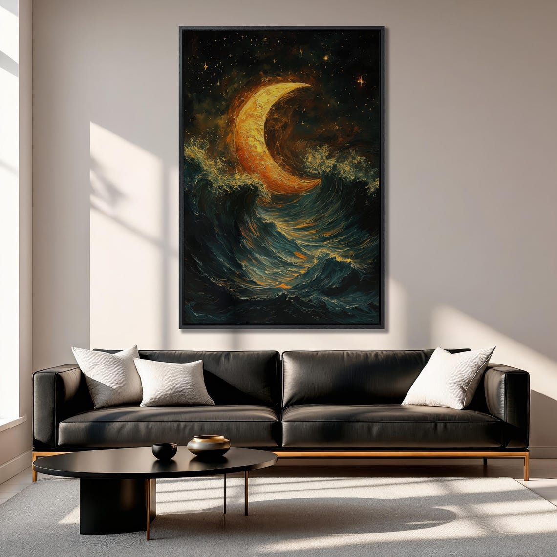 Fiery Crescent Moon Over Dark Swirling Ocean Waves Night Poster - Image 4