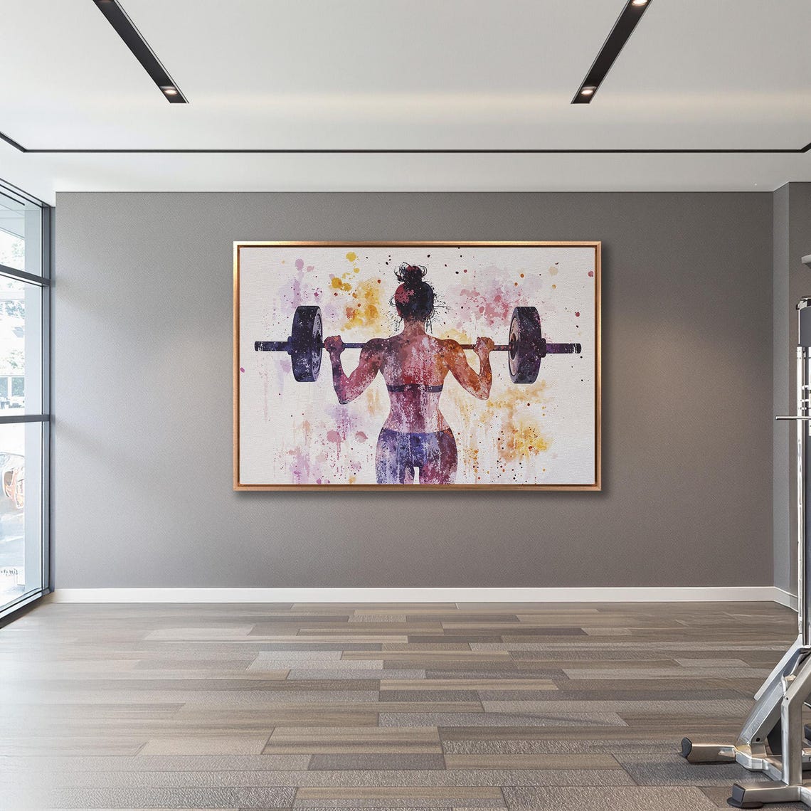 Woman Barbell Squat From Behind Watercolor Splash Style Poster - Image 3