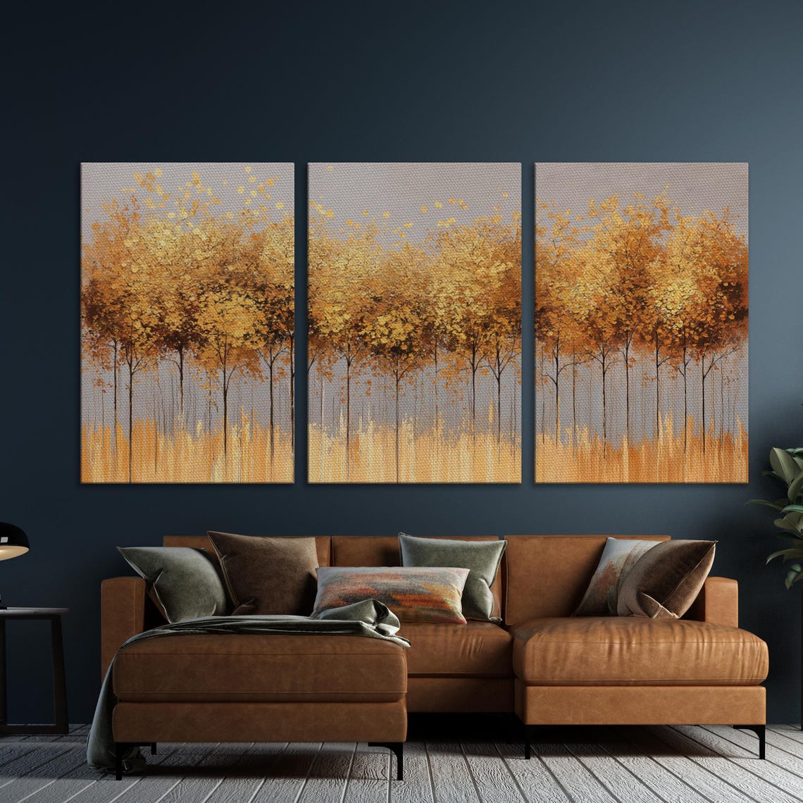 Golden Autumn Trees Row In Soft Gray Haze Abstract Landscape Poster - Image 5