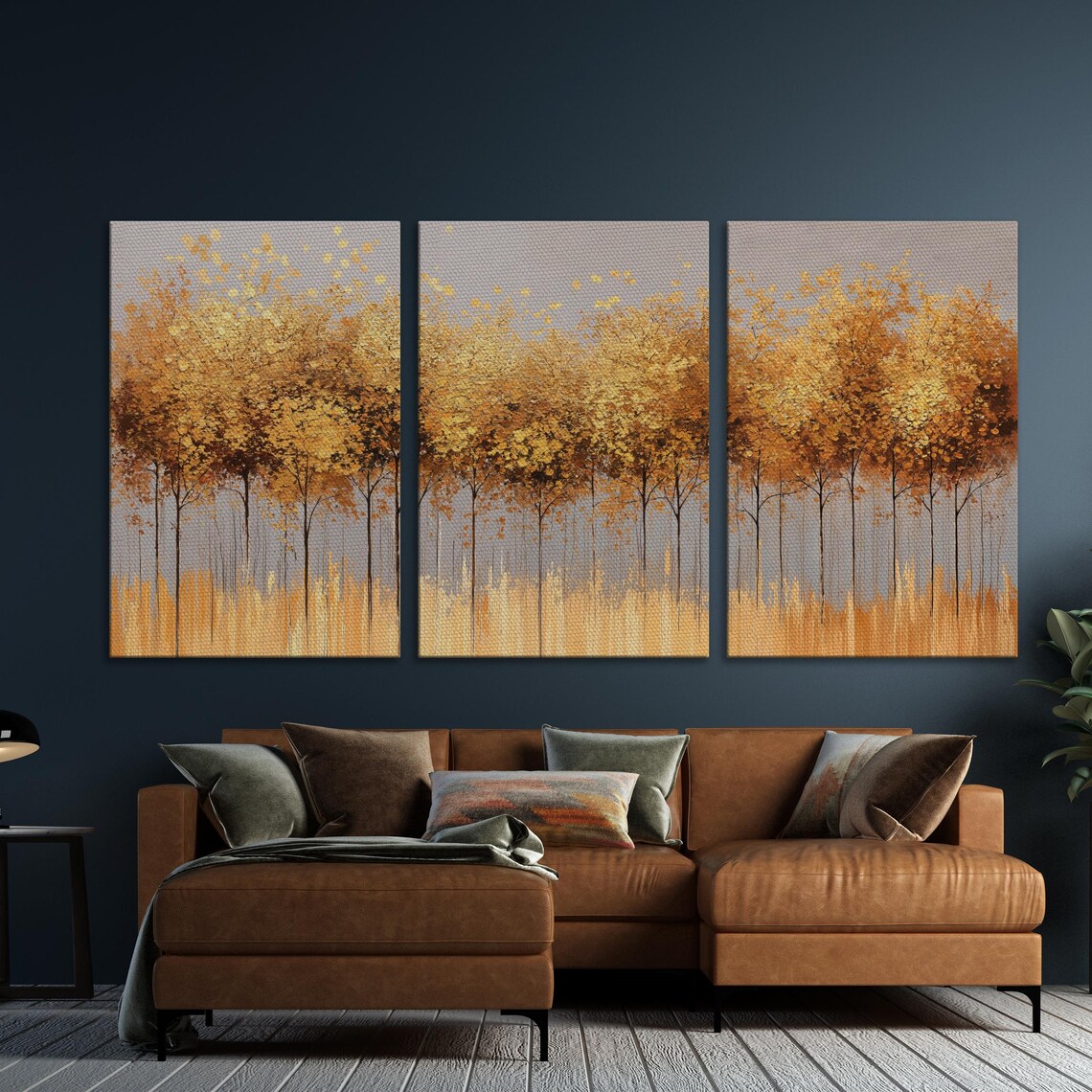 Golden Leaves Tree Forest Wall Art Abstract Autumn Trees Painting Print Luxury Wall Decor Modern Fall Landscape Poster Ready To Hang - Image 5
