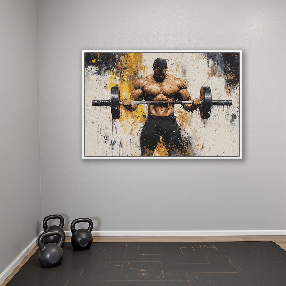 Muscular Man Curling Barbell In Black And Gold Splash Art Poster - Image 4
