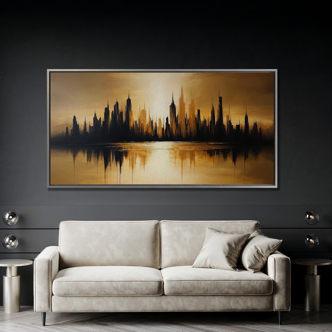 Abstract Cityscape Wall Art City Skyline Reflection Painting Print Luxury Wall Decor Urban Black And Gold Poster Ready To Hang Gift - Image 3