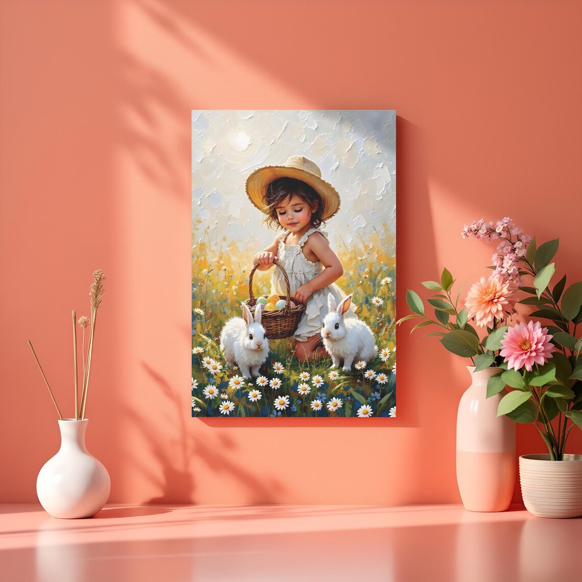 Little Girl Easter Egg Basket Bunnies Daisy Field Spring Art Poster - Image 3