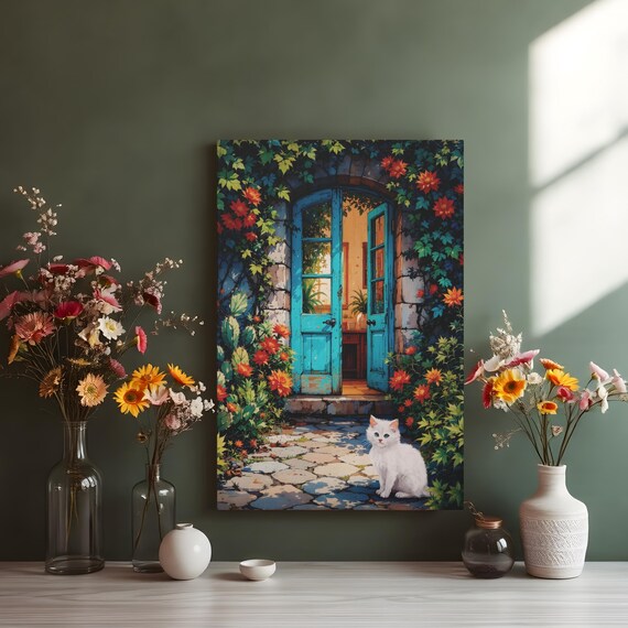Turquoise Garden Door White Cat Flower Vines Charming Art Poster
