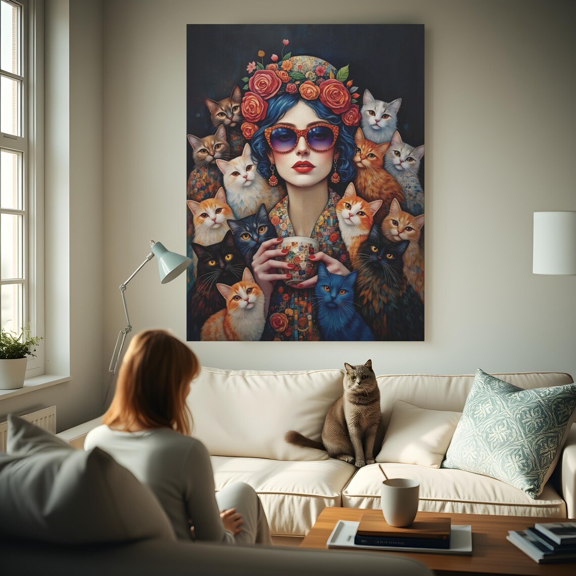 Whimsical Cat Mom Retro Floral Cat Lover Art Print - Image 4