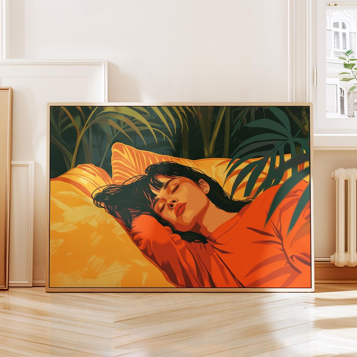 Tropical Night Woman Resting Among Palm Leaves Fine Art Poster